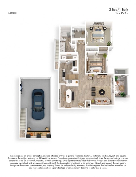 Floor plan for 2 beds, 1 bath, 970 sqft